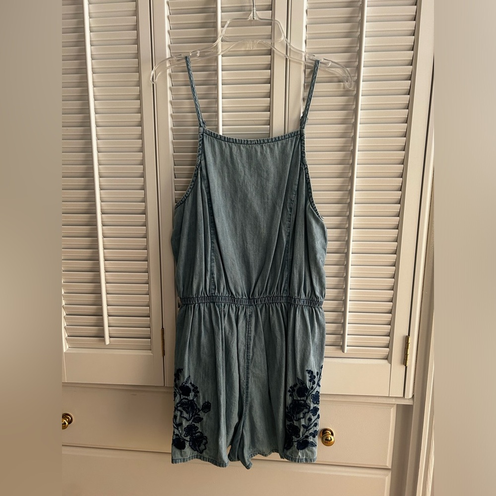 Embroidered jean romper